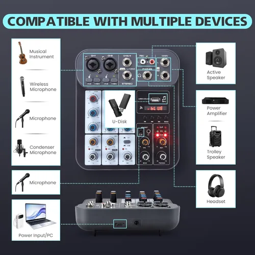 Miniatura 2 de Mezclador de audio DJ de 4 canales, mezcladores de sonido, placa de mezcla de sonido XLR 1/4" de interfaz, entrada BT USB MP3 para computadora
