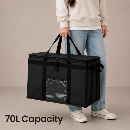 Miniatura 37 de NZ home Bolsa térmica XXL aislada y calentador de alimentos para entrega y compras de comestibles con parte superior con cremallera, color negro