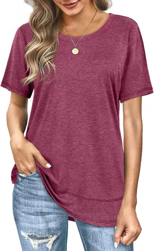 Dofaoo Camisetas de verano para mujer, ajuste holgado, plisado, cuello cuadrado, dobladillo curvado, tallas S-2XL