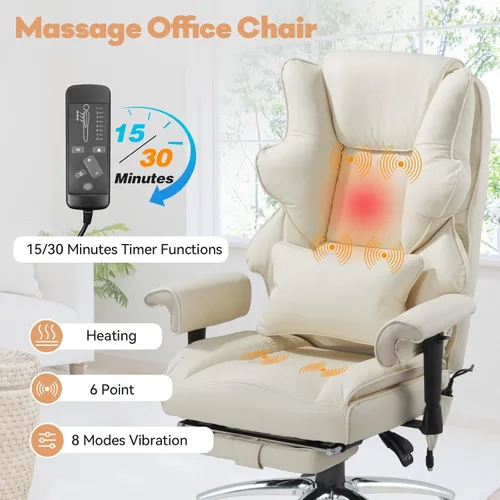 Miniatura 5 de Silla de Oficina de Masaje con Reposapiés, Silla Ejecutiva Ergonómica con Calefacción para Oficina con Respaldo Reclinable, Brazos Ajustables y Beige