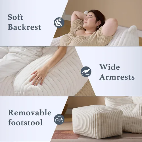 Miniatura 4 de Puf Chaise Lounge de Gran Tamaño para Interiores para Adultos con Reposabrazos y Otomana - Puf Gigante Cómodo Beige Perezoso para el Suelo, Sofá