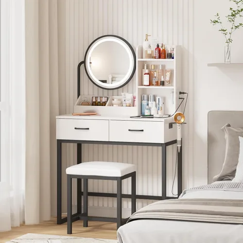 Miniatura 8 de Vabches Tocador de maquillaje con espejo redondo y luces, mesa de maquillaje blanca con estación de carga, mesa de tocador pequeña para dormitorio