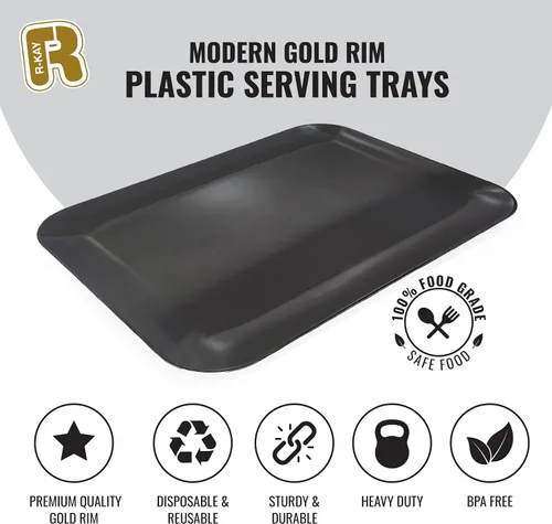 Miniatura 5 de Paquete de 3 bandejas de plástico negro para servir – Bandeja negra de 8 x 11 pulgadas – Bandejas de postre resistentes para alimentos – Bandejas