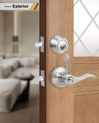Miniatura 4 de Gobrico Keyd Alike - Manija de puerta de entrada y cerrojo de un solo cilindro en níquel satinado, palanca estilo onda con cerradura y cerrojo