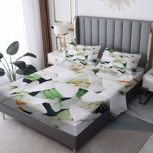 NOGAWA Lily Sheets California King, juego de sábanas y fundas de almohada con estampado de flores 3D, sábanas y fundas de almohada de microfibra