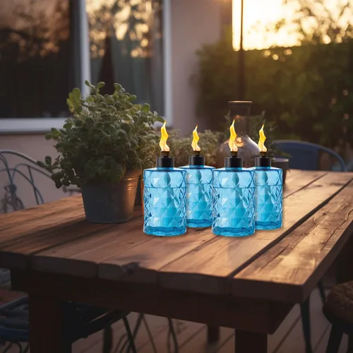 Miniatura 6 de Paquete de 4 linternas de mesa de cristal azul con mecha y tapa, linternas de citronela al aire libre, linterna de llama recargable, linterna