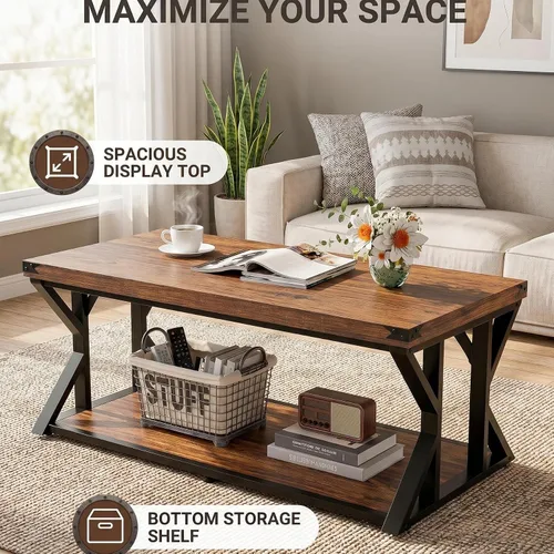 Miniatura 3 de Mesa auxiliar industrial de 43 pulgadas, mesa central rectangular de 2 niveles con estante de almacenamiento, mesa de cóctel de madera y metal