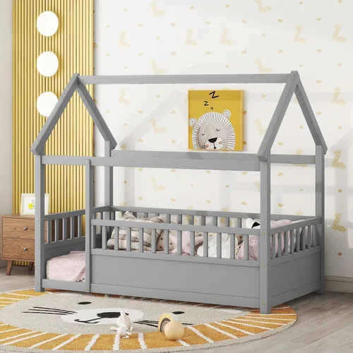 Bellemave Montessori - Cama de tamaño individual con barandillas para vallas, cama de madera con rieles, marco de cama de casa de juegos para niños,