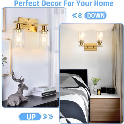 Miniatura 5 de ShineTech 2 luces de tocador doradas para baño, iluminación de pared moderna con vidrio transparente, luz de aplique de latón cepillado para espejo