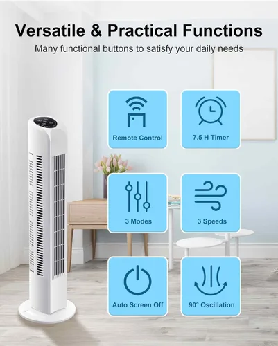 Miniatura 3 de Uthfy Ventilador de torre oscilante sin aspas con control remoto, refrigeración silenciosa, portátil, ventilador eléctrico de pie con 3 velocidades