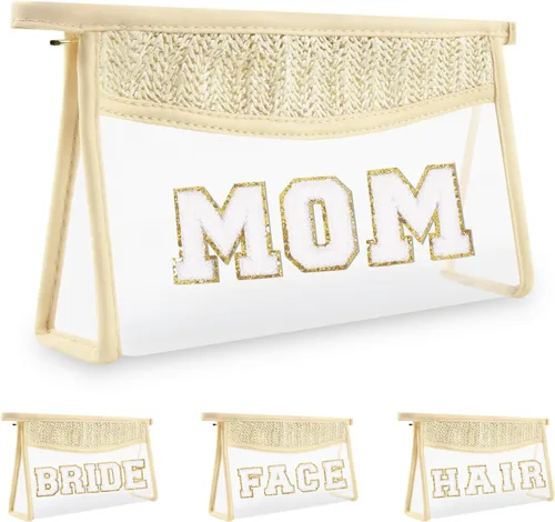 Miniatura 12 de Iqimott 2 bolsas de maquillaje con parches transparentes, bolsa de letras boho para nadar en la playa, bolsas de maquillaje impermeables
