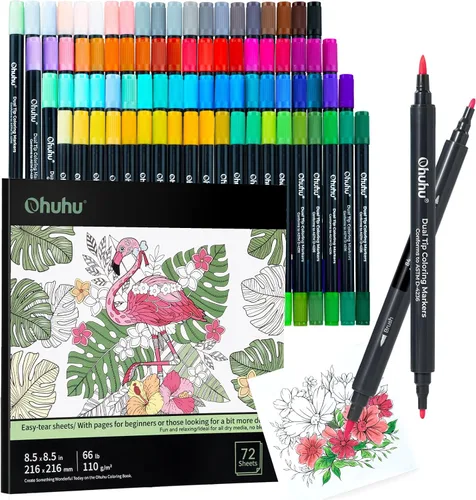 Ohuhu - Marcadores con punta de pincel de 80 colores con libro para colorear de 72 hojas - Marcadores de doble punta para libros de colorear para