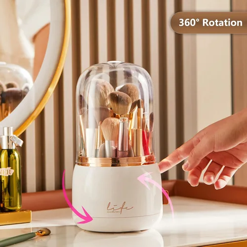 Miniatura 3 de Organizador de brochas de maquillaje con tapa, organizador giratorio a prueba de polvo para brochas de maquillaje con cubierta acrílica transparente