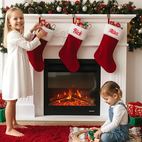 Miniatura 6 de Ulico Medias personalizadas de Navidad, medias familiares con nombre personalizado, media grande de terciopelo rojo de 20" con puño suave de felpa