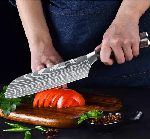 Miniatura 6 de Dfito Juego de cuchillos de chef con bolsa enrollable, juego de 9 piezas de cuchillos profesionales, juego de cuchillos de cocina de acero Rojo