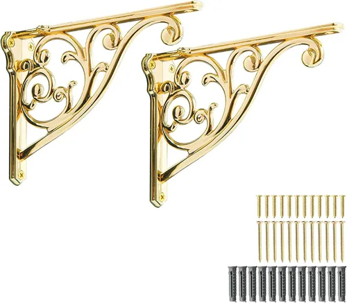 Miniatura 57 de Soportes de estante de 4 pulgadas, paquete de 4 soportes de pared de latón antiguo de alta resistencia, estantes decorativos de cocina victoriana