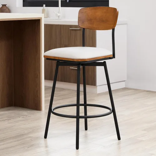 Miniatura 6 de CHITA Juego de 2 taburetes giratorios de bar tapizados de tela, altura del asiento de 27 pulgadas, marco de metal y madera, color crema