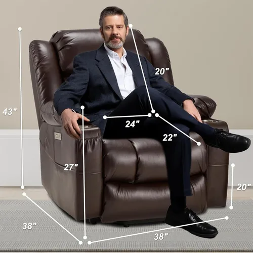 Miniatura 2 de Power Lift Sillón Reclinable de Cuero con Masaje y Calor, Silla Lazy Boy con Portavasos, Puertos USB y Tipo C, Control Remoto (Marrón)