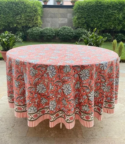 Miniatura 45 de Ridhi Mantel redondo de algodón reutilizable con estampado de bloque a mano, color verde espárragos, 60 pulgadas, mantel decorativo para uso diario