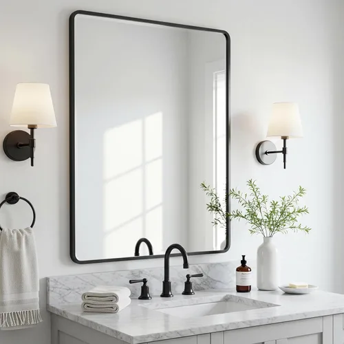 Miniatura 8 de LEDLUX Espejo de baño negro de 24 x 32 pulgadas, espejo sin cobre, marco de metal, espejo rectangular montado en la pared, espejo moderno