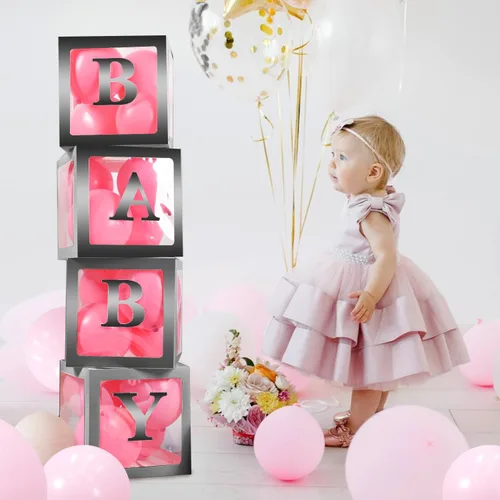 Miniatura 7 de Cajas de bebé con 4 letras para baby shower, caja de globos transparentes color negro, bloques de decoración de revelación de género y fiesta