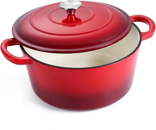 E-far Horno holandés de hierro fundido esmaltado con tapa, olla redonda holandesa de 6 cuartos, utensilios de cocina antiadherentes para estofar,
