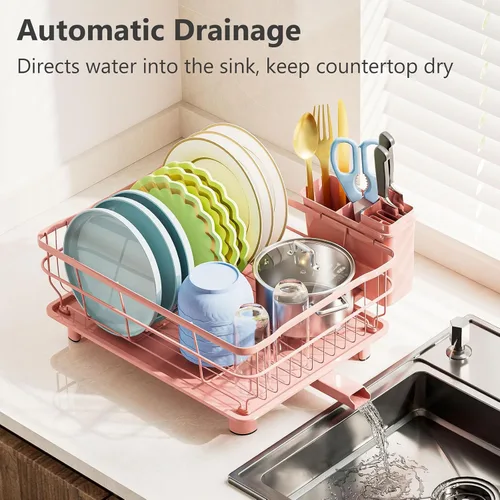 Miniatura 2 de AIDERLY Escurridor de platos de hierro, escurridor de platos de drenaje automático, colador de encimera de cocina con bandeja de drenaje, rosa