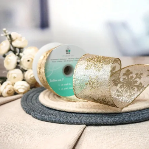 Miniatura 4 de Tela metálica dorada champagne con cinta de copo de nieve dorado con alambre de 2.5 pulgadas x 10 yardas para decoración del hogar de Navidad, lazo