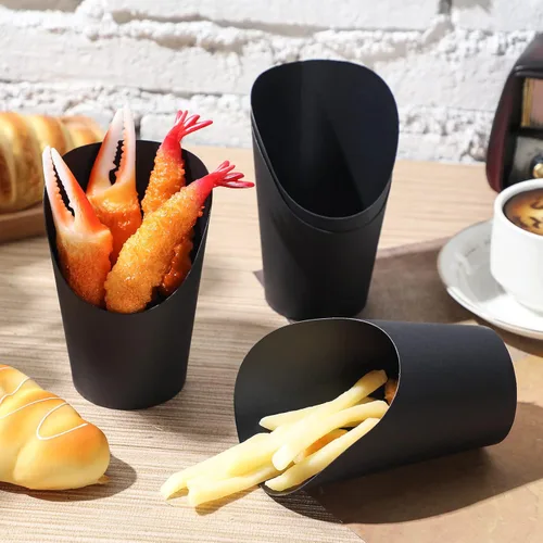 Miniatura 6 de Sieral 100 tazas de embutidos negros de 14 onzas desechables para papas fritas con soporte para papas fritas de papel, conos de charcutería, gofres