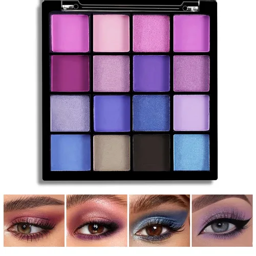 Miniatura 3 de Boobeen Paleta de sombra de ojos colorida de maquillaje - 16 colores, sombra de ojos mate y brillante, paletas de sombra de ojos brillantes, Azul