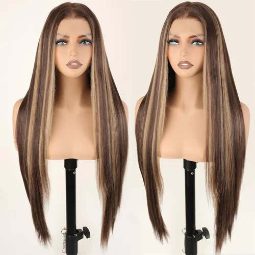 Miniatura 15 de SOKU 40" Super Long Straight Lace Front Wigs,13x6 Transparent Swiss Synthetic Lace Wig Pre Plucked,Natural Black Glueless Lace Front Wigs with Baby