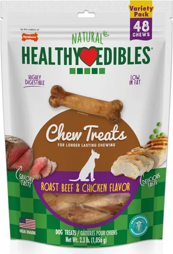 Nylabone Healthy Edibles Masticables Naturales para Perros Golosinas Masticables de Larga Duración para Perros, Sabor a Carne Asada y Pollo,