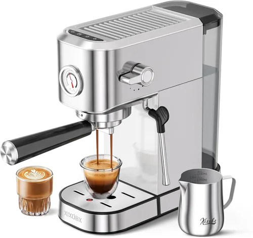 XIXUBX Máquina de café espresso de 20 bares, compacta de acero inoxidable con espumador de leche y jarra de espuma de leche, cafetera para capuchino