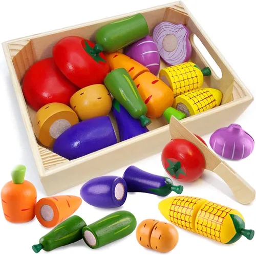 Miniatura 10 de Comida de madera para niños, cocina para cortar frutas, juguetes para niños pequeños, simulación de verduras, regalo para niños y niñas, juguetes