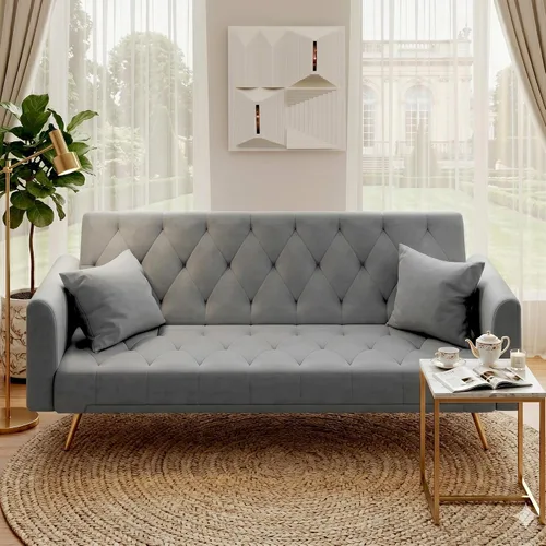 Miniatura 11 de Anwick - Sofá cama futón de terciopelo moderno con 2 almohadas, sofá cama convertible 2 en 1, sofá biplaza reclinable plegable con patas de metal