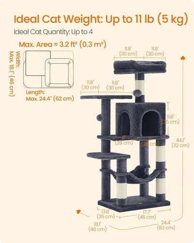 Miniatura 5 de Feandrea - Árbol para gatos de varios niveles para interiores, torre para gatos tipo condominio con 4 postes para rascar, 2 posaderos, hamaca y Gris