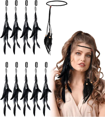 Bencailor 10 pinzas para el pelo de plumas y diadema hippie extensiones de pelo para Halloween, disfraz de pirata indio para mujeres y niñas