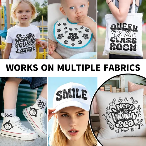 Miniatura 6 de VINYL FROG Rollo de vinilo de transferencia de calor con purpurina de 12 pulgadas x 5 pies, vinilo negro para planchar con purpurina para camisetas