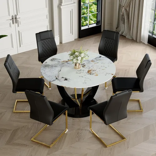 Miniatura 37 de Juego de mesa de comedor redonda para 4, mesa moderna de 48" con tapa de mármol sintético falso y pedestal brillante negro, juego de mesa de cocina