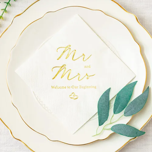 Miniatura 2 de Crisky Servilletas de 3 capas de papel de aluminio dorado Mr and Mrs de cóctel de boda, 100 unidades para bodas, fiestas, recepciones, postres