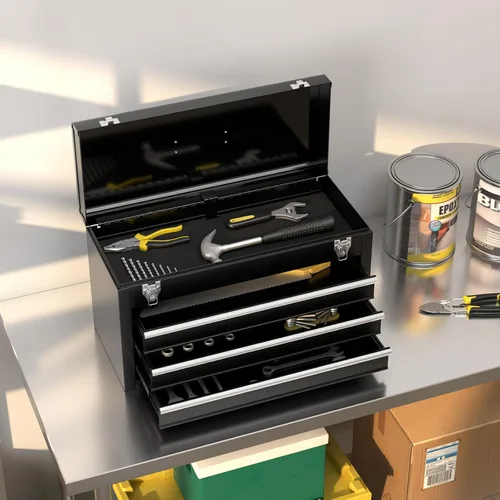 Miniatura 2 de Caja de herramientas de metal, caja de herramientas de 3 cajones con asa de transporte, 2 pestillos y forro, caja de almacenamiento portátil