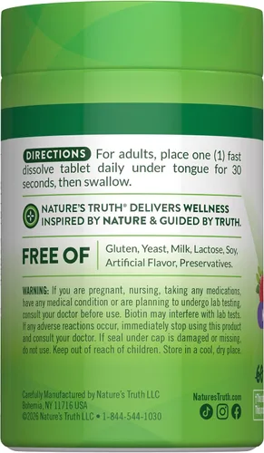 Miniatura 7 de Nature's Truth Biotin 5000mcg 78 tabletas de disolución rápida Sabor natural de bayas Vegano, sin OMG y sin gluten