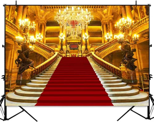 Miniatura 2 de Sensfun Telón de fondo rojo de palacio para fotografía, castillo dorado real, magnífico fondo europeo de fiesta, fondo de vinilo rojo para escenario