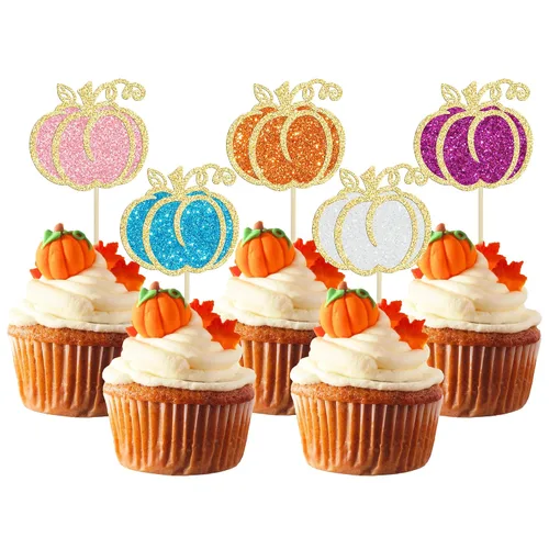 Miniatura 28 de Gyufise 24 piezas de decoración de cupcakes de calabaza con purpurina para temática de otoño, Acción de Gracias, Halloween, baby shower, niños