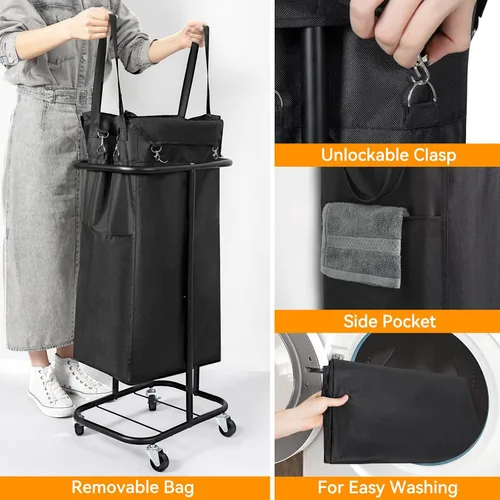 Miniatura 5 de WOWLIVE Cesta de Ropa Sucia Rodante de 100L con Ruedas Cesta Grande de Lavandería Organizadora Carrito de Lavandería con Marco de Acero y Bolsa