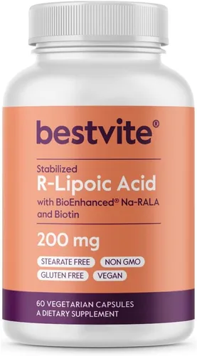 BESTVITE Ácido R-lipoico de 200 mg estabilizado con Na-RLA bio-mejorado (60 cápsulas vegetarianas) - Sin estearatos - Sin rellenos - Vegano - Sin