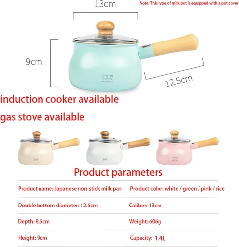 Miniatura 8 de Olla de leche pequeña beige de 1.2L con tapa lindo mango de madera hogar sartén antiadherente leche caliente bebé suplemento de alimentos olla