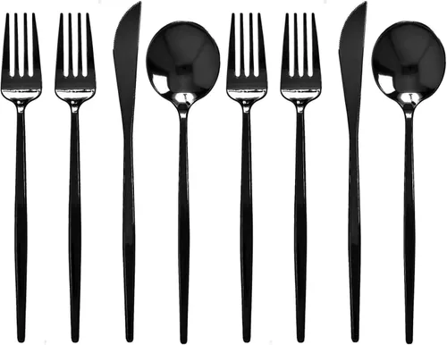 Miniatura 12 de Juego de cubiertos desechables de diseño moderno para vacaciones, juego de cubiertos de plástico para 24-24 cucharas de plástico, 24 cuchillos, 48