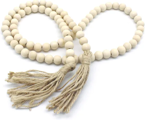 CVHOMEDECO. Guirnalda de cuentas de madera con borlas, estilo rústico de granja, cadena de cuentas de oración para colgar en la pared, acento para
