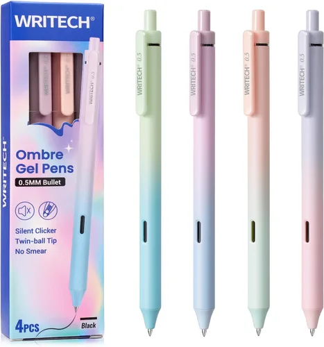 Miniatura 8 de WRITECH Bolígrafos de gel de punta fina: 0.5mm, 4 unidades, bolígrafo retráctil con clic, tinta negra, color estético degradado, cañón suave